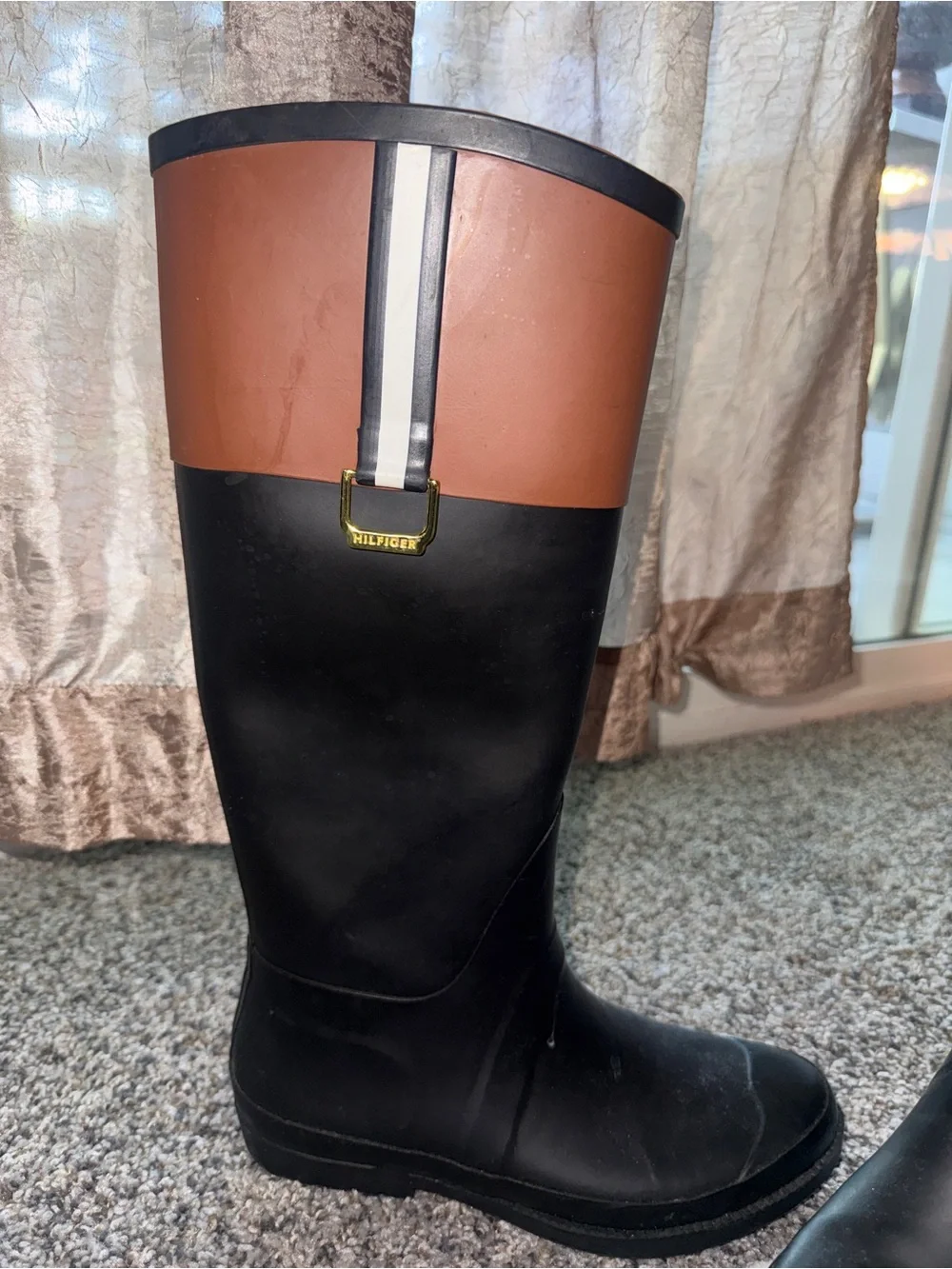 Tommy Hilfiger Black and Brown Tall Rain Boots with Stripe Accent